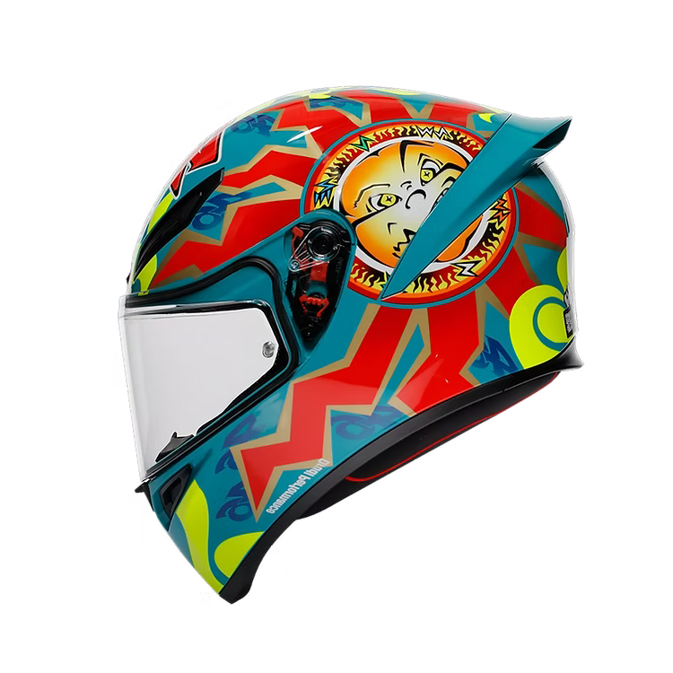 Colorful motorcycle helmet with a sun design on a white background