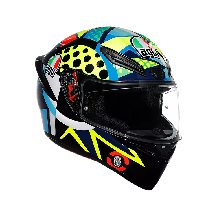 Colorful motorcycle helmet with brand logos on a white background