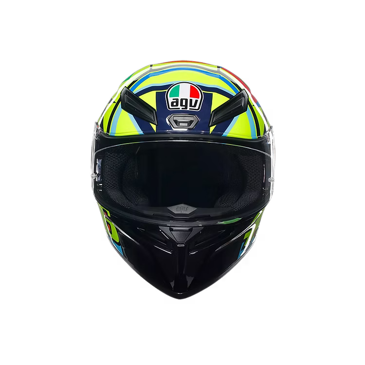 Colorful motorcycle helmet with visible branding on a white background