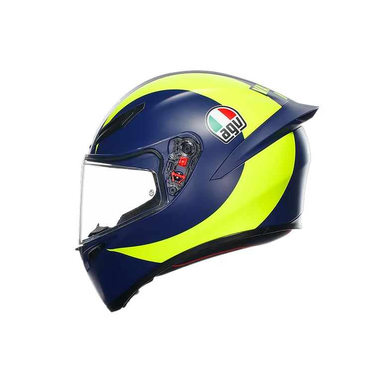 Navy and yellow helmet with Agv logo on a white background