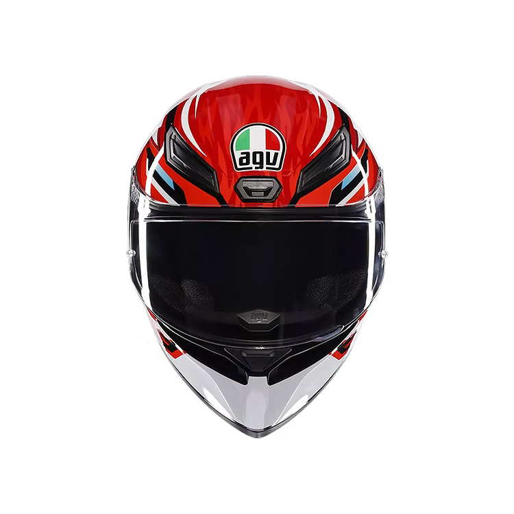 Red and black motorcycle helmet with AGV logo on a white background