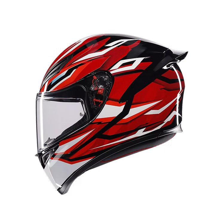 Red, black, and white motorcycle helmet on a white background