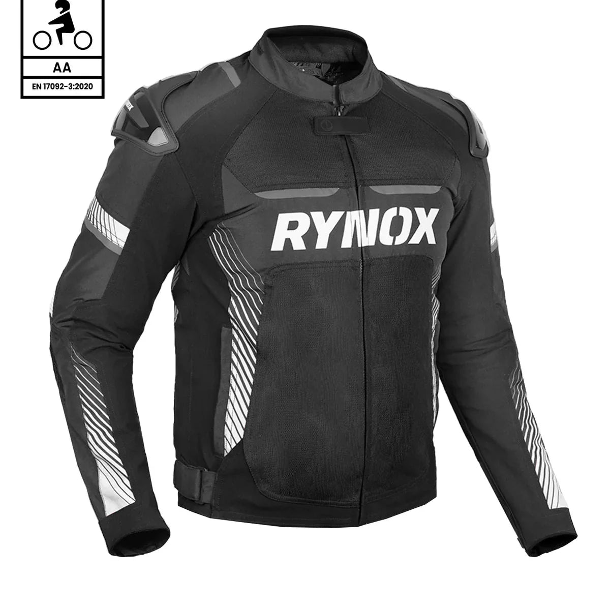 Black motorcycle jacket with Rynox branding on a white background