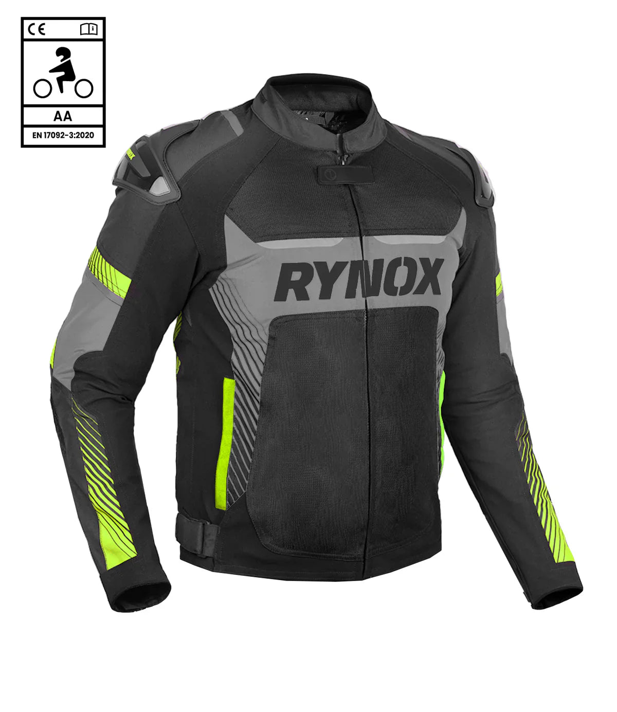 Black and gray motorcycle jacket with green accents on a white background, featuring the Rynox brand.