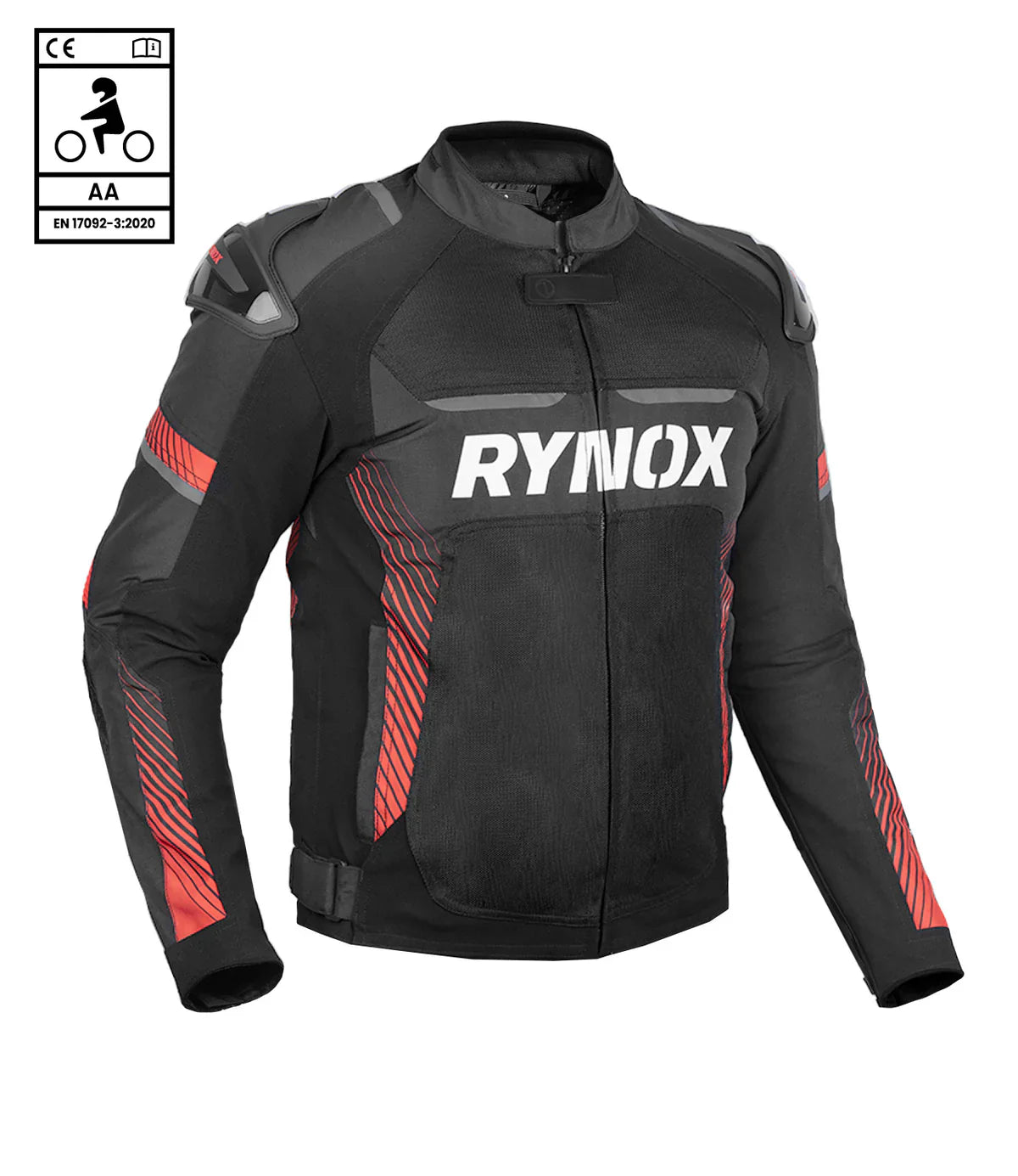 Black motorcycle jacket with red accents and Rynox branding on a white background