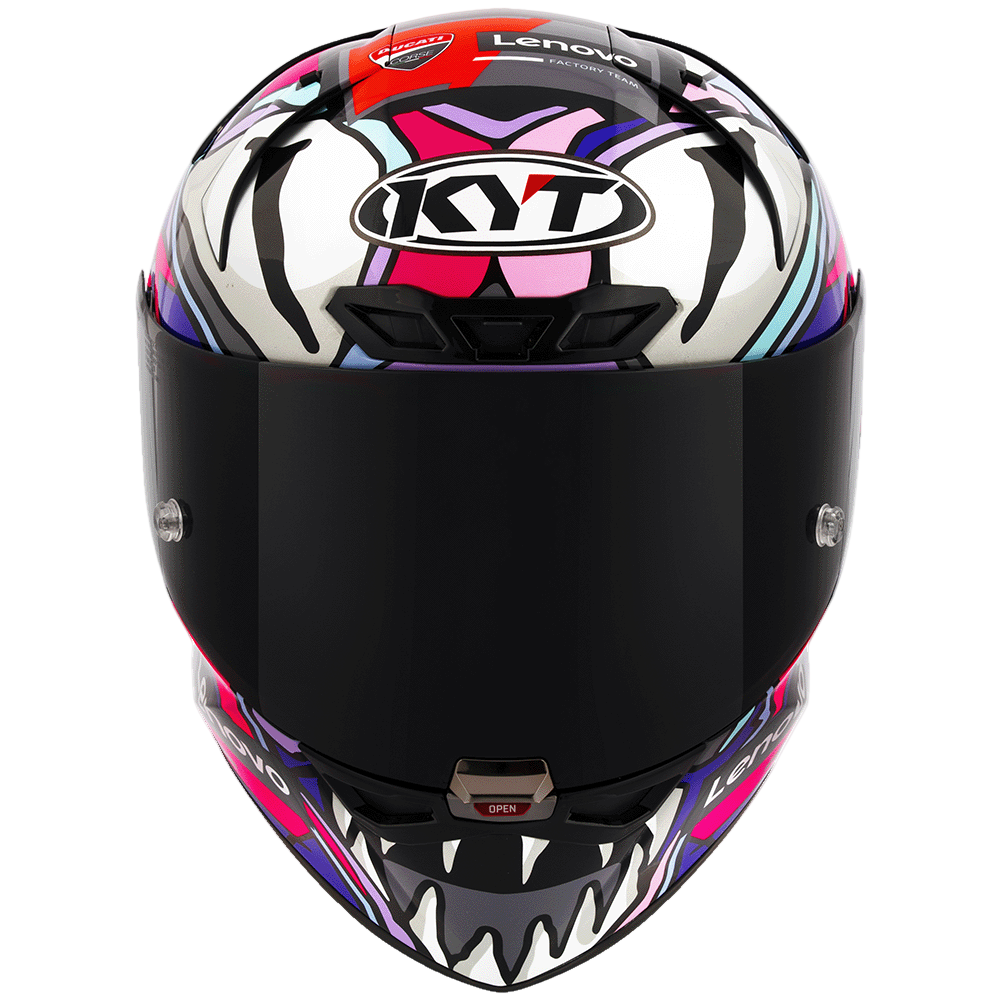 Colorful motorcycle helmet with KYT branding on a white background