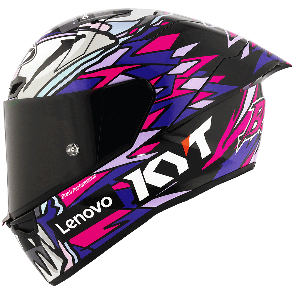 Motorcycle helmet with colorful geometric pattern and Lenovo branding on a white background
