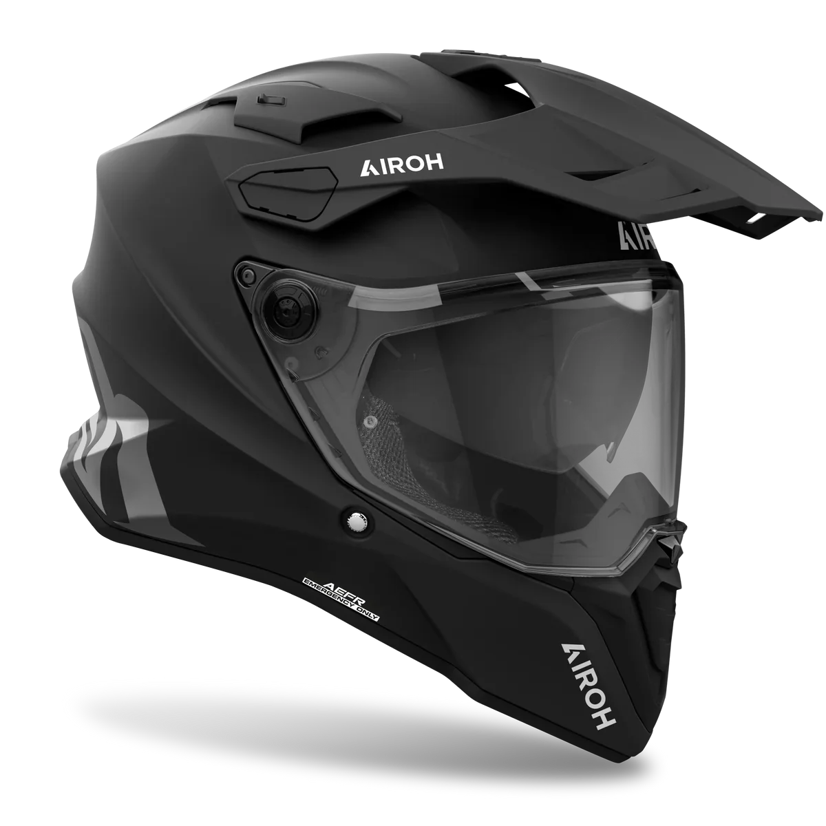Black Airoh helmet with clear visor on a white background