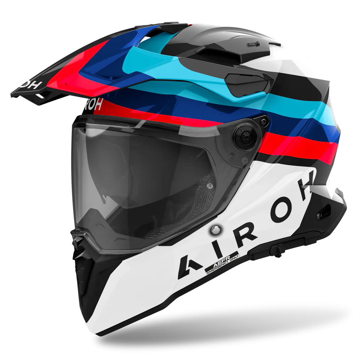 Colorful motorcycle helmet with 'Airoh' branding on a white background