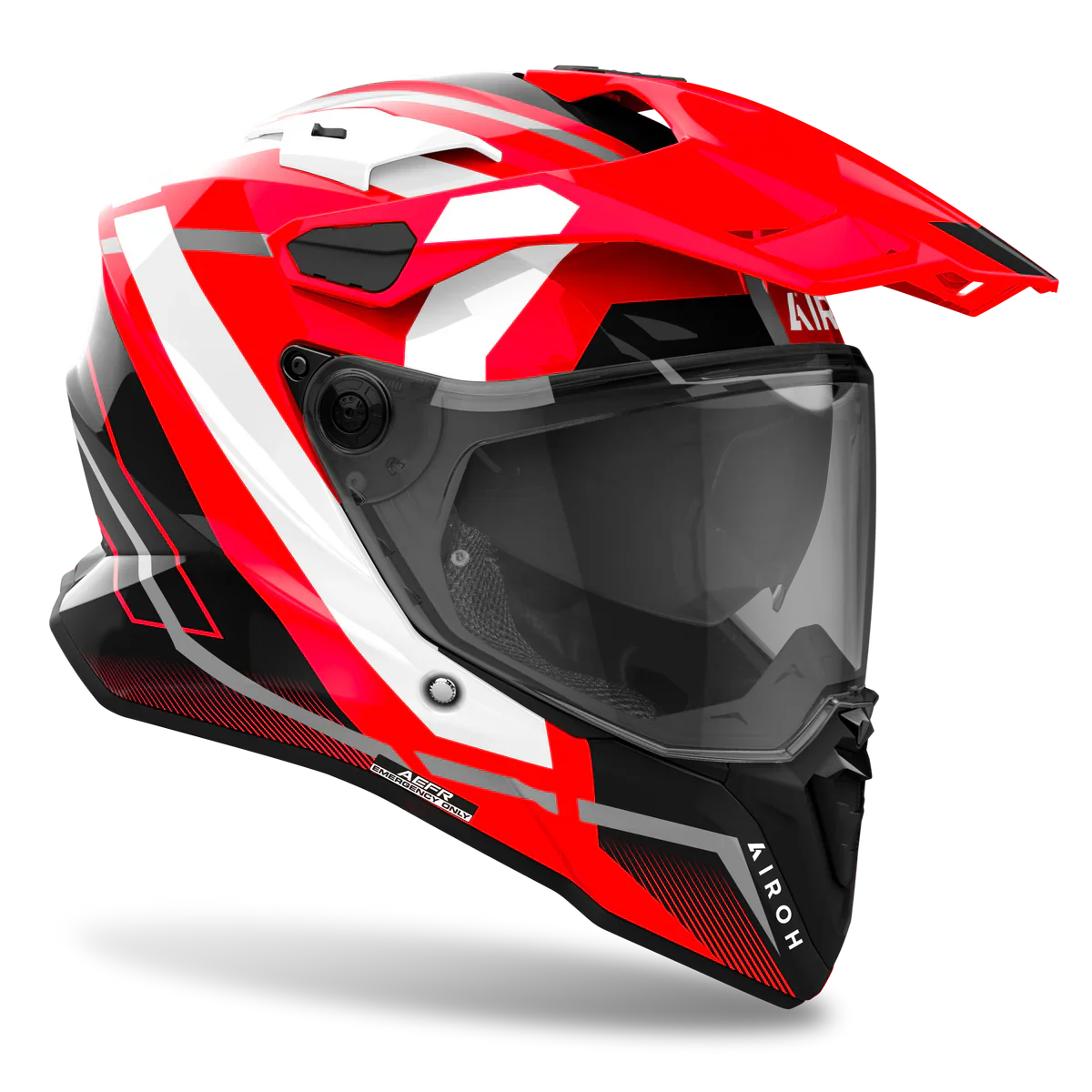 Red, black, and white motorcycle helmet with clear visor on a white background