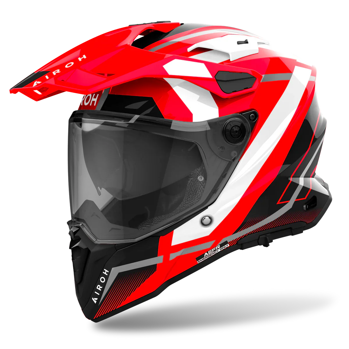 Red and black motorcycle helmet with visor on a white background
