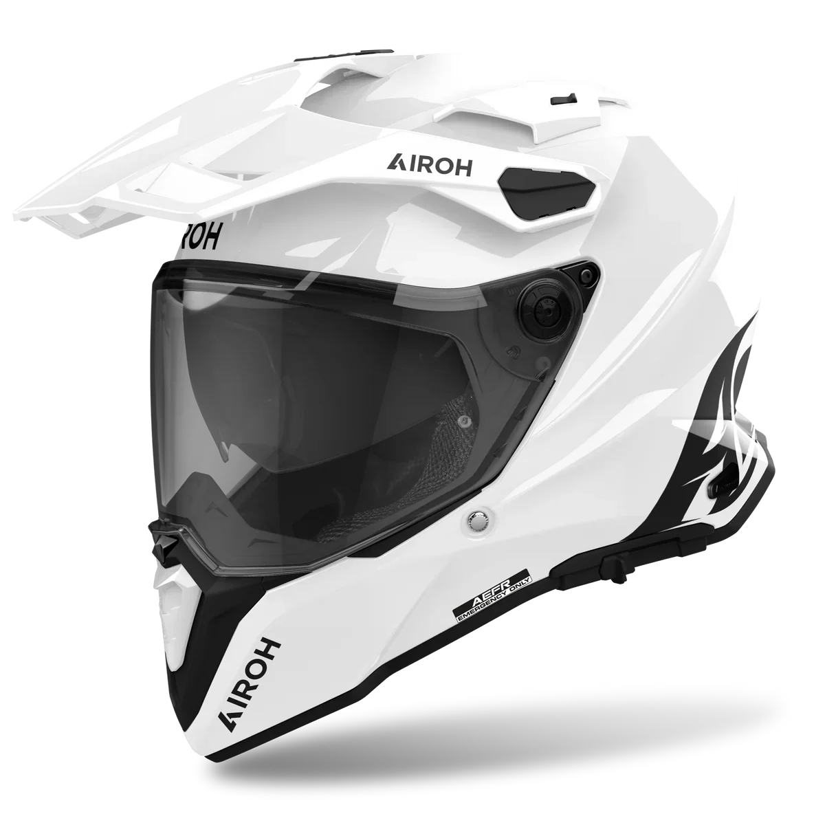 White motorcycle helmet with black visor and accents on a white background
