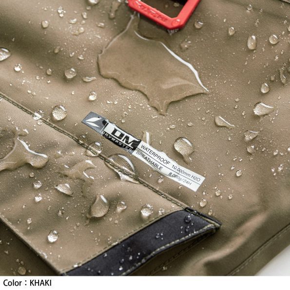 Khaki waterproof jacket with raindrops and a visible brand label - Khaki
