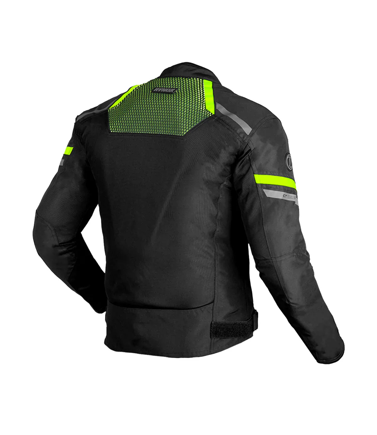 Black motorcycle jacket with green accents on a white background