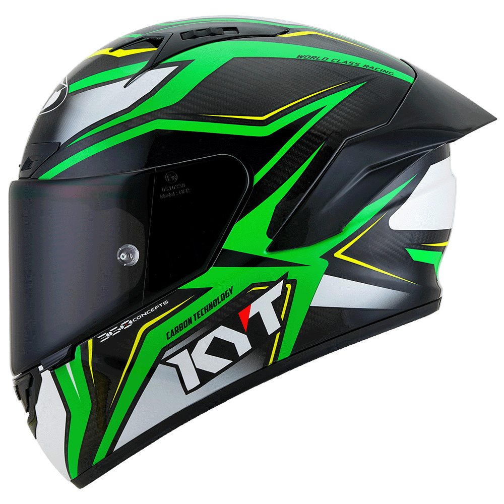 Black and green motorcycle helmet with Kyt branding on a white background