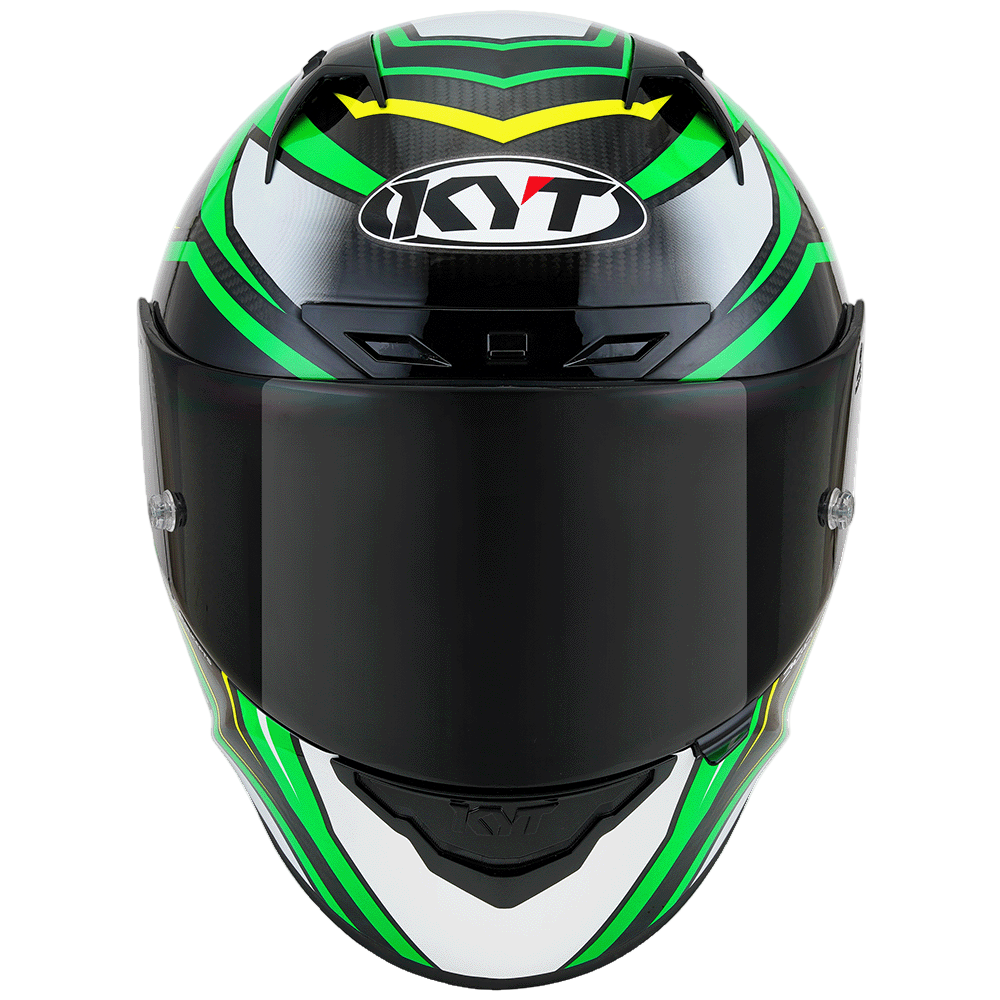 Black motorcycle helmet with green and yellow accents on a white background