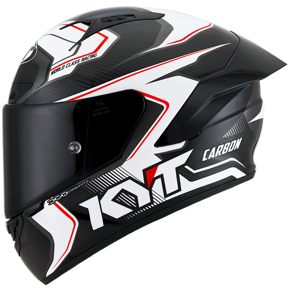 Black, white, and red motorcycle helmet with 'Klim' branding on a white background