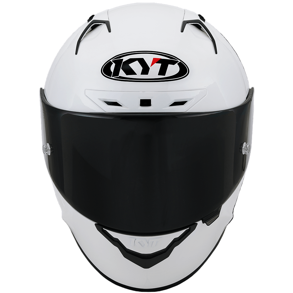 White motorcycle helmet with black visor and KYT logo on a white background