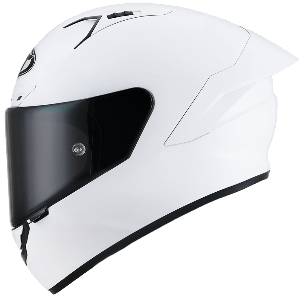 White motorcycle helmet with a black visor on a white background