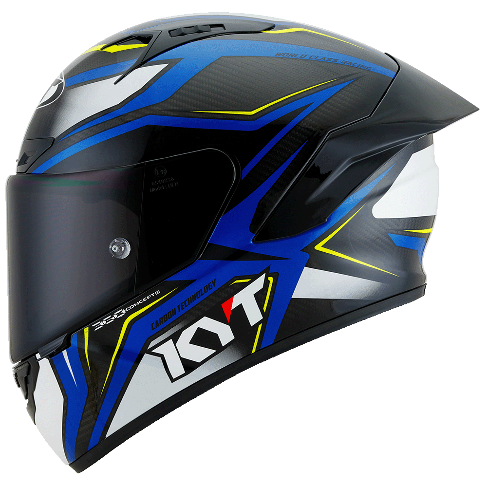 Motorcycle helmet with blue and yellow design on a white background