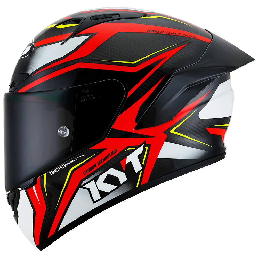 Motorcycle helmet with red, black, and yellow design on a white background