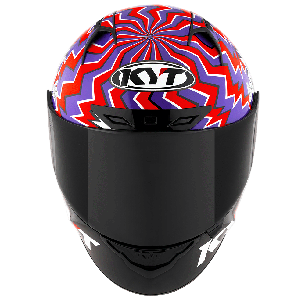 Motorcycle helmet with a colorful pattern and KYT logo on a white background