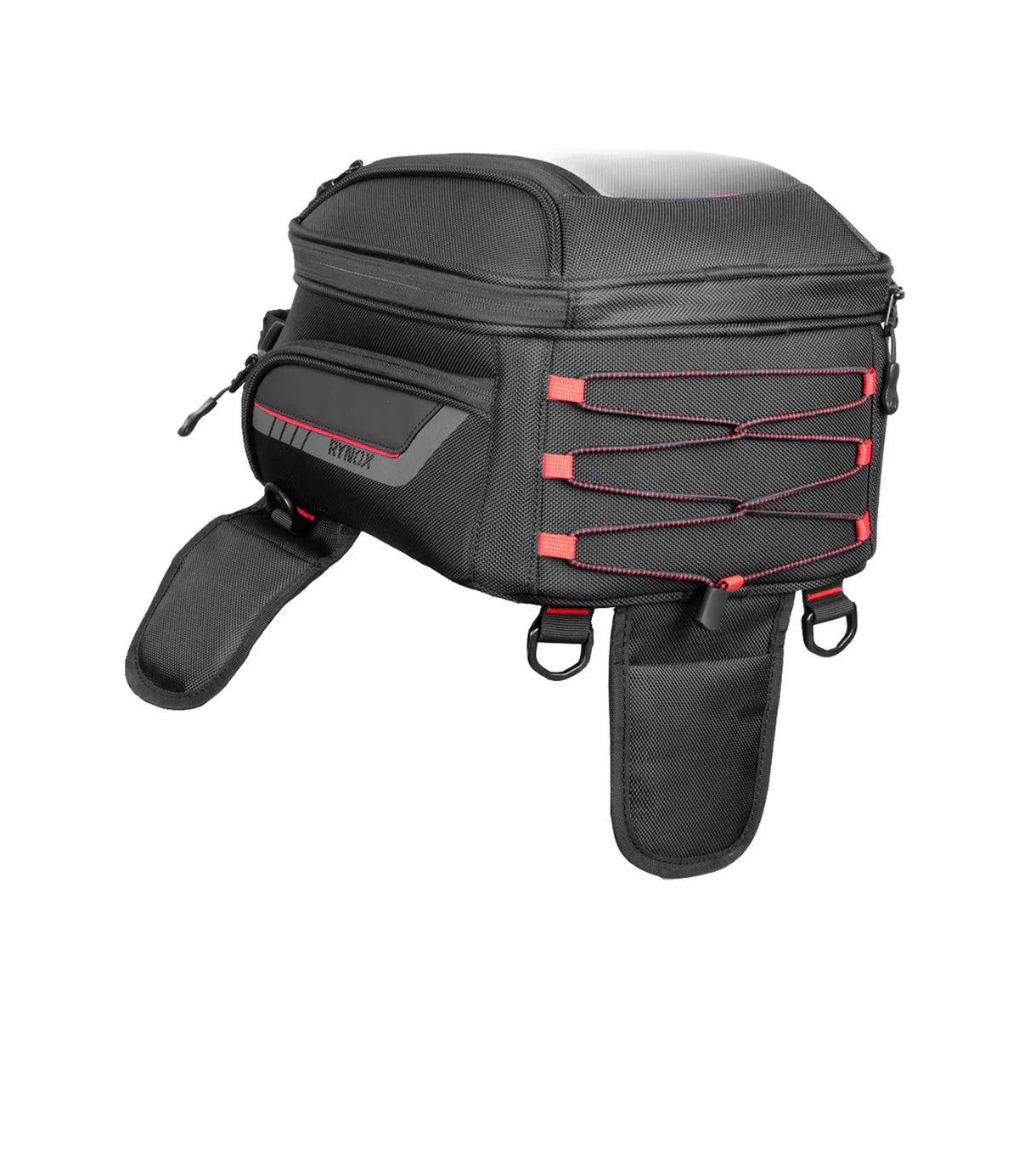 Black motorcycle saddlebag with red accents on a white background
