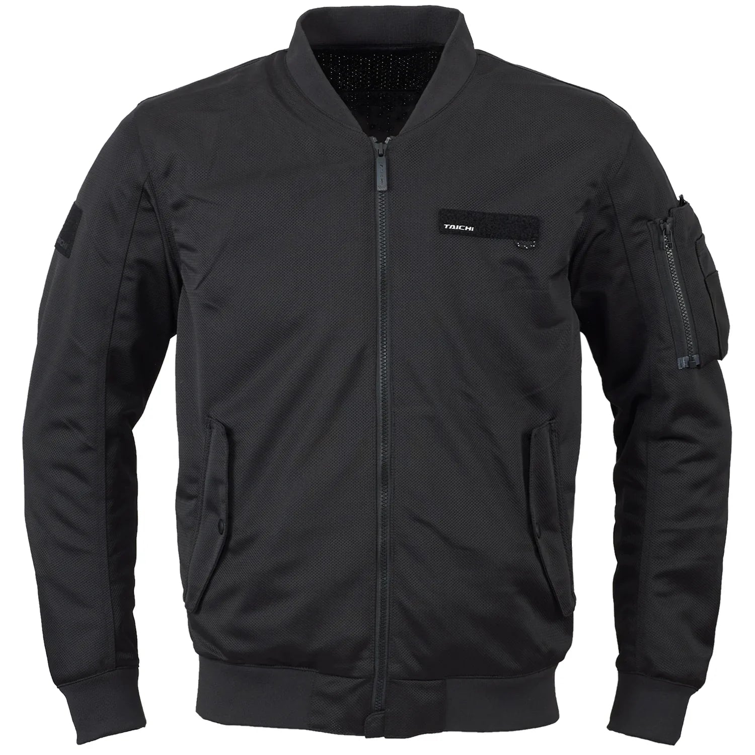 Black bomber jacket with tactical features on a white background