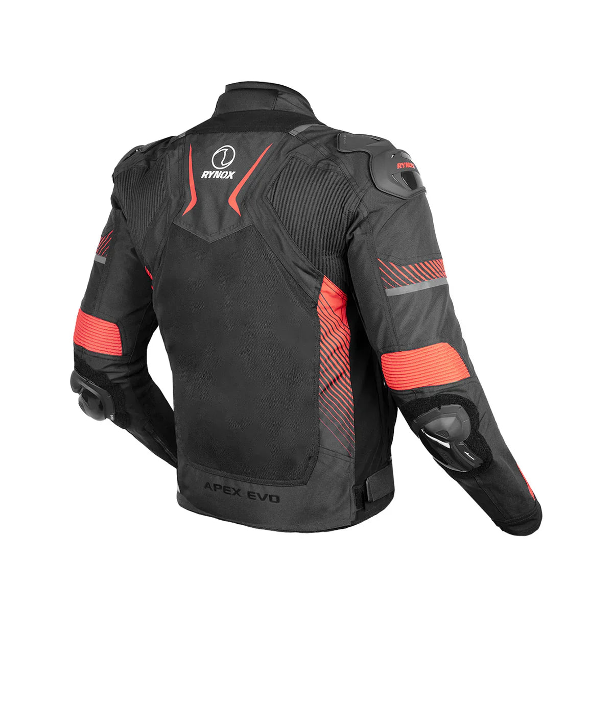 Black motorcycle jacket with red accents on a white background