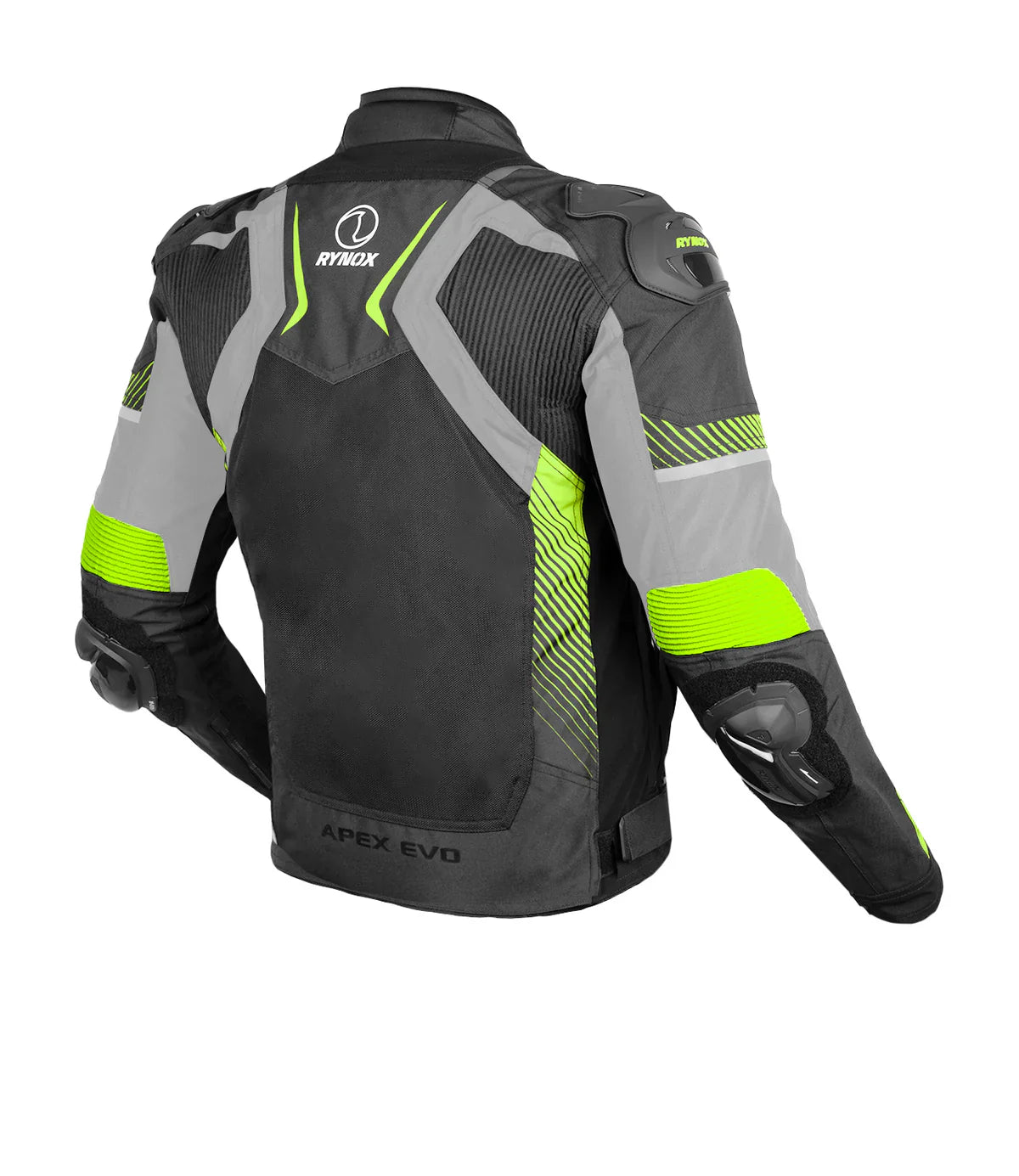 Motorcycle jacket with black, gray, and green design on a white background