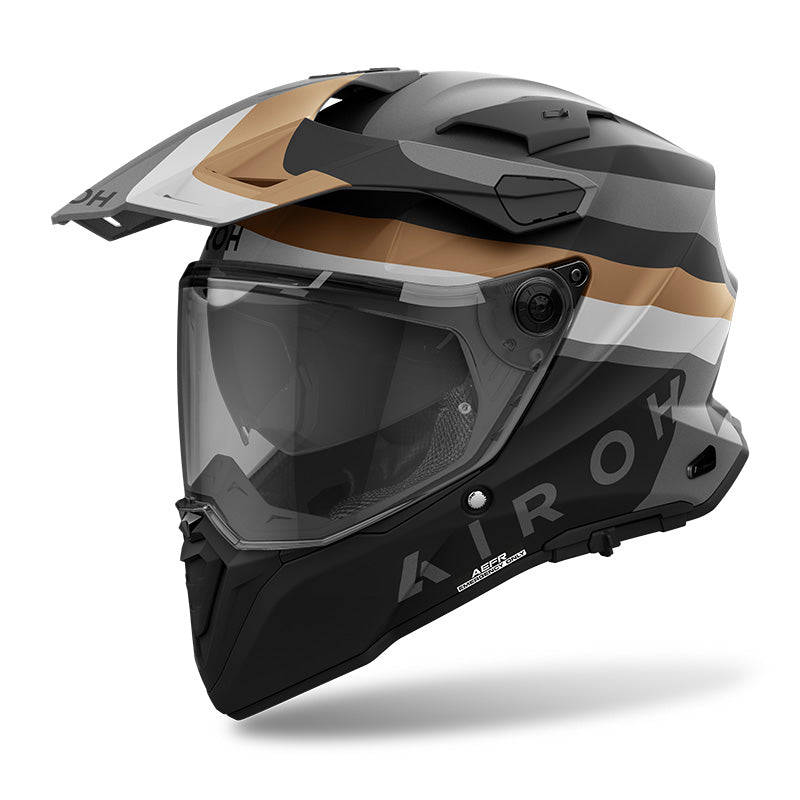 Motorcycle helmet with a camouflage design on a white background