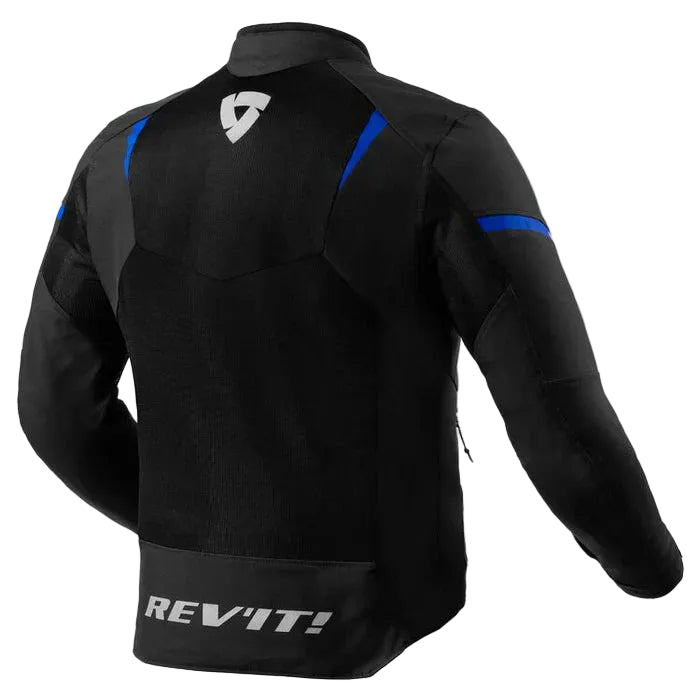 Black motorcycle jacket with blue accents and Rev'it! branding on a white background