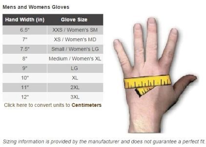 Revit Men's and Women's Gloves Size Chart - A visual guide displaying the sizing information for Revit gloves in various sizes.